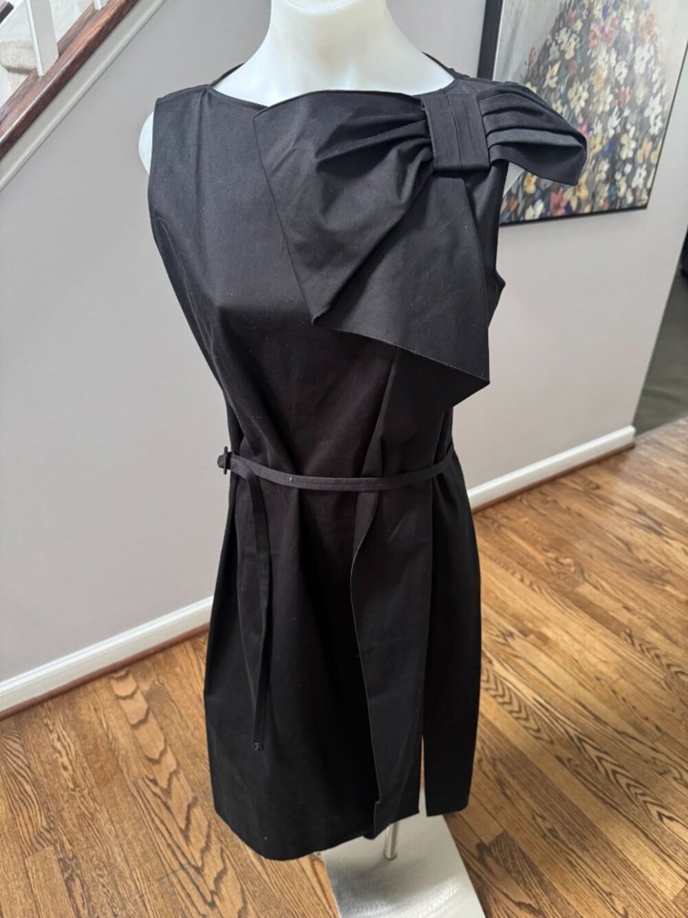 RED Valentino Bow Detail Black Cotton Belted Sleeveless Midi Dress Size 46 / 8